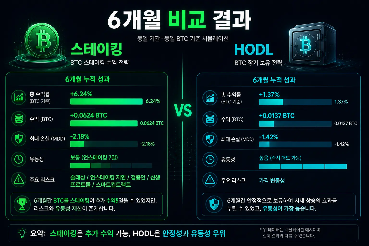 비트코인 스테이킹 위험 vs HODL 안전 6개월 결과 비교 차트